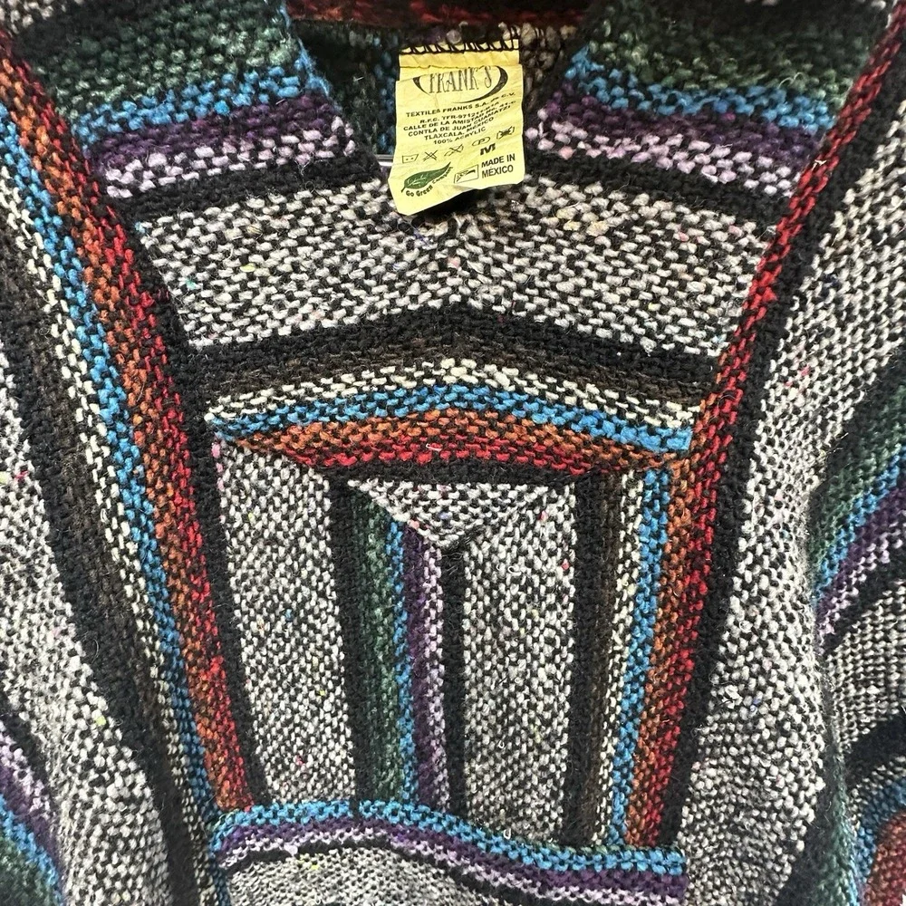 Vintage Franks Textiles Multicolor Striped Baja Hoodie Hippie Poncho Med Sweater - Picture 7 of 11